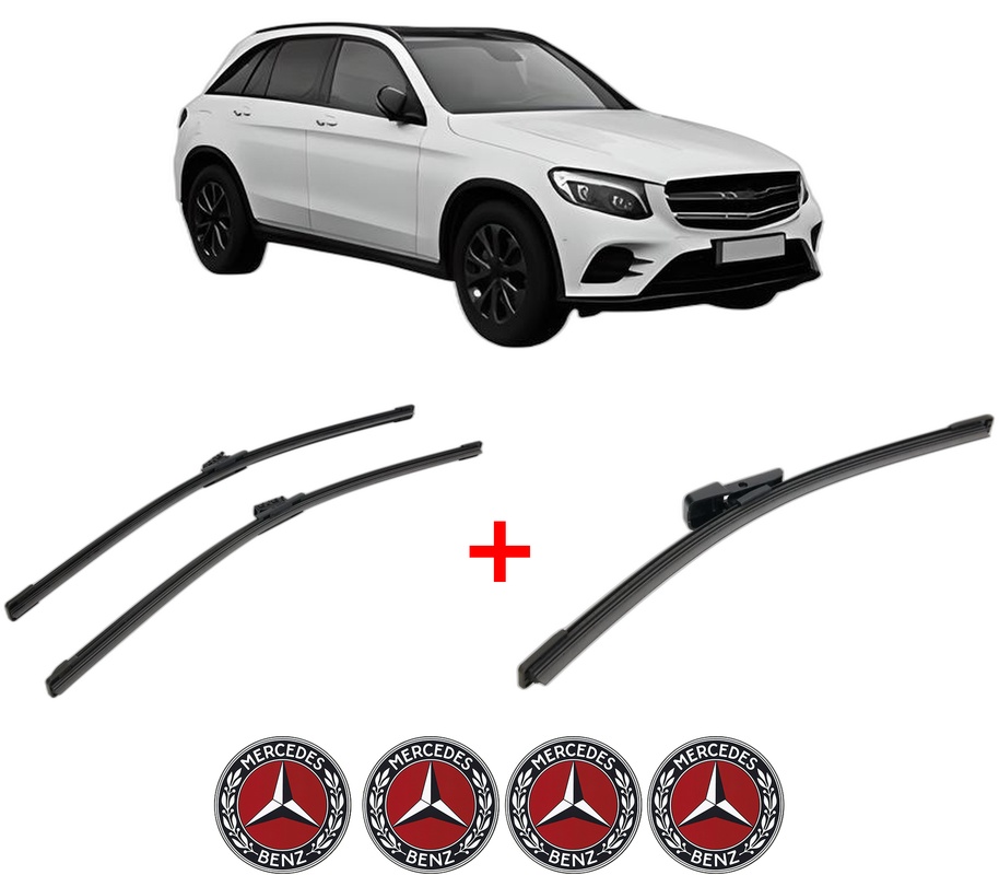 Set 3 stergatoare MERCEDES-BENZ GLC (X253) din 2015 - 2022, pentru parbriz si luneta fata si spate auto, Bosch Aerotwin, din cauciuc siliconat rezistent, 4 Stickere Auto MERCEDES-BENZ