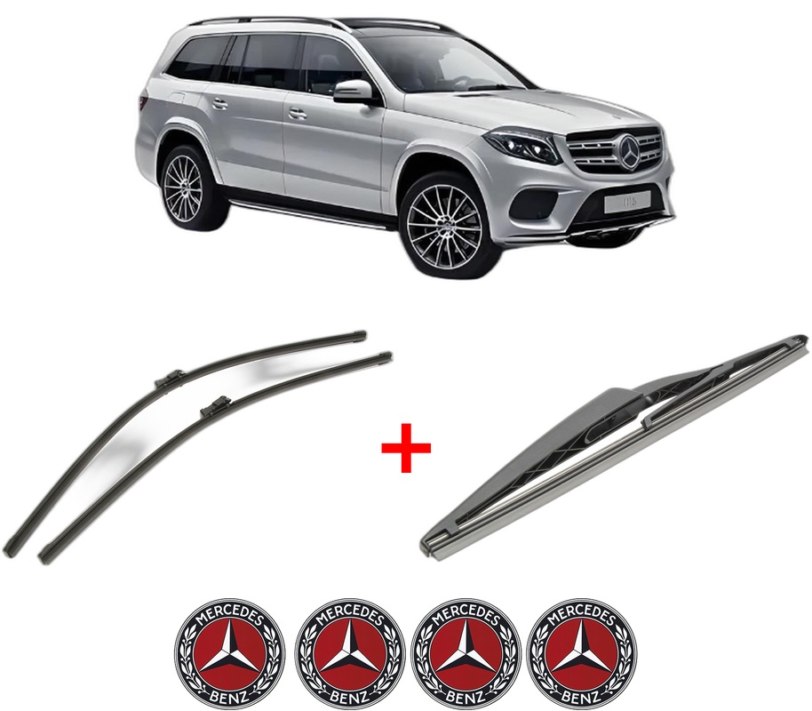 Set 3 stergatoare MERCEDES-BENZ GLS (X166) din 2015 - 2019, pentru parbriz si luneta fata si spate auto, Bosch Twin, din cauciuc siliconat rezistent, 4 Stickere Auto MERCEDES-BENZ