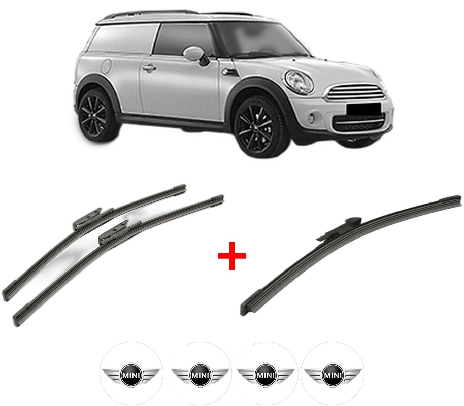 Set 3 stergatoare MINI MINI CLUBVAN (R55) din 2012 - 2014, pentru parbriz si luneta fata si spate auto, Bosch Aerotwin, din cauciuc siliconat rezistent, 4 Stickere Auto MINI