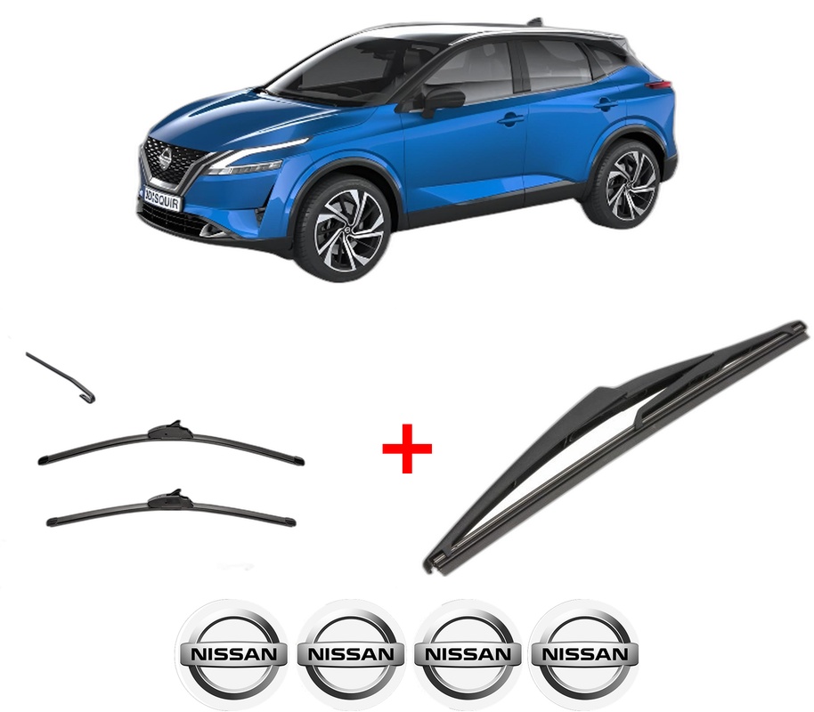 Set 3 stergatoare NISSAN QASHQAI III (J12) din 2021, pentru parbriz si luneta fata si spate auto, Valeo Silencio, din cauciuc siliconat rezistent, 4 Stickere Auto NISSAN