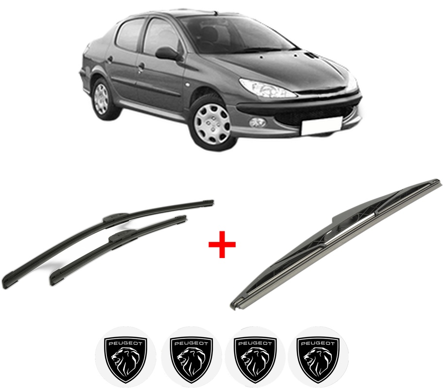 Set 3 stergatoare PEUGEOT 206 Saloon din 2007, pentru parbriz si luneta fata si spate auto, Bosch Twin, din cauciuc siliconat rezistent, 4 Stickere Auto PEUGEOT