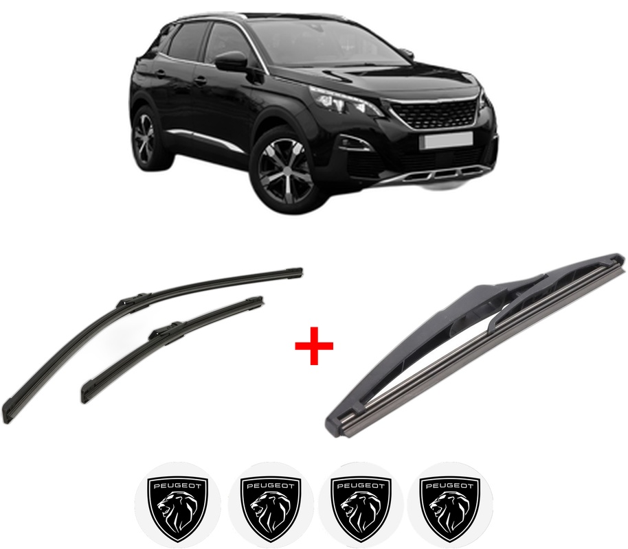 Set 3 stergatoare PEUGEOT 3008 II SUV (MC_, MR_, MJ_, M4_) din 2016 - 2023, pentru parbriz si luneta fata si spate auto, Bosch Twin, din cauciuc siliconat rezistent, 4 Stickere Auto PEUGEOT