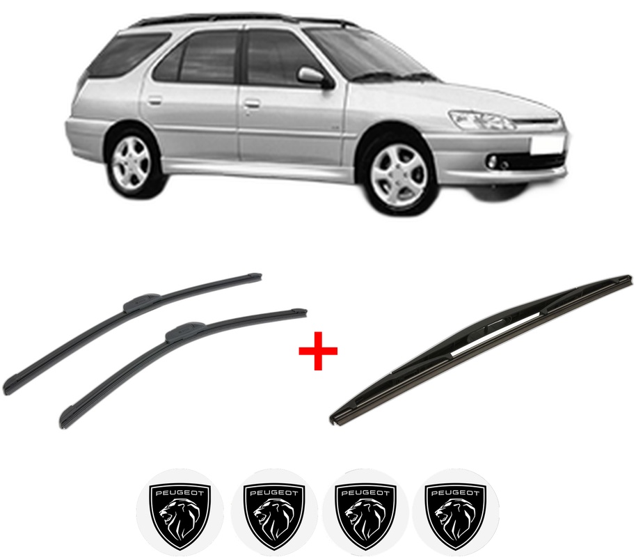 Set 3 stergatoare PEUGEOT 306 Break (7E, N3, N5) din 1997 - 2002, pentru parbriz si luneta fata si spate auto, Bosch Twin, din cauciuc siliconat rezistent, 4 Stickere Auto PEUGEOT