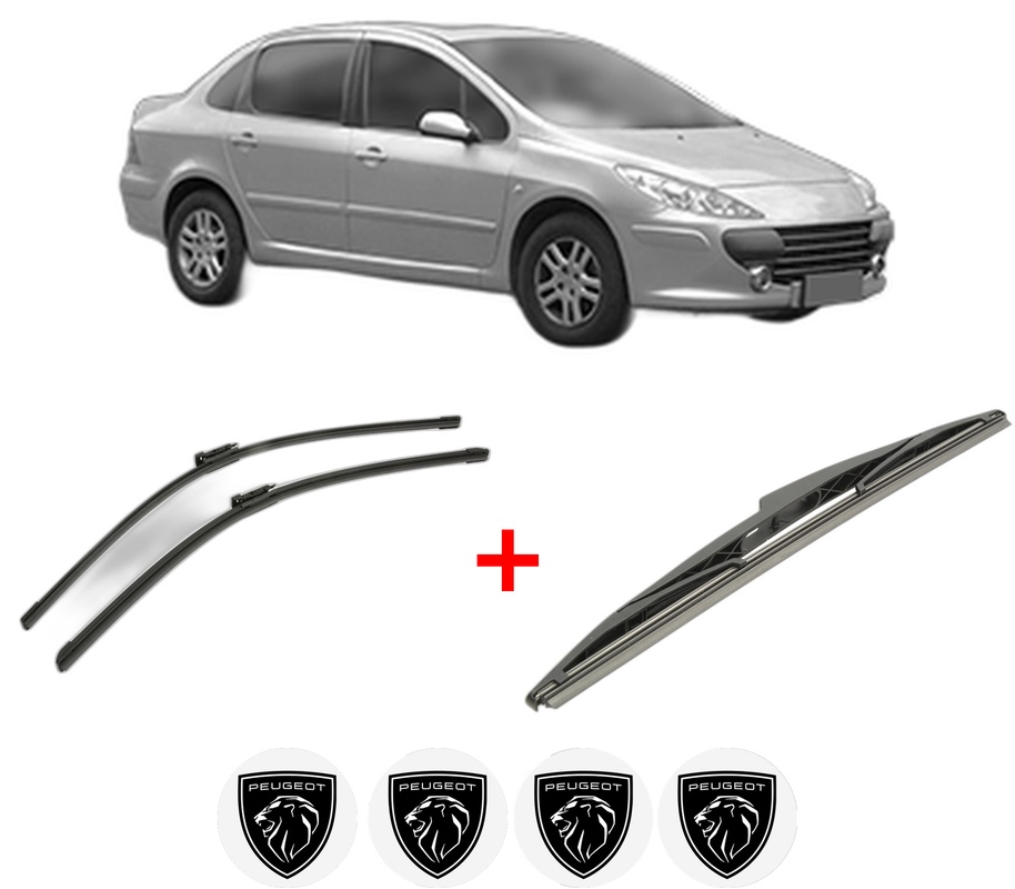 Set 3 stergatoare PEUGEOT 307 Saloon din 2006 - 2012, pentru parbriz si luneta fata si spate auto, Bosch Twin, din cauciuc siliconat rezistent, 4 Stickere Auto PEUGEOT