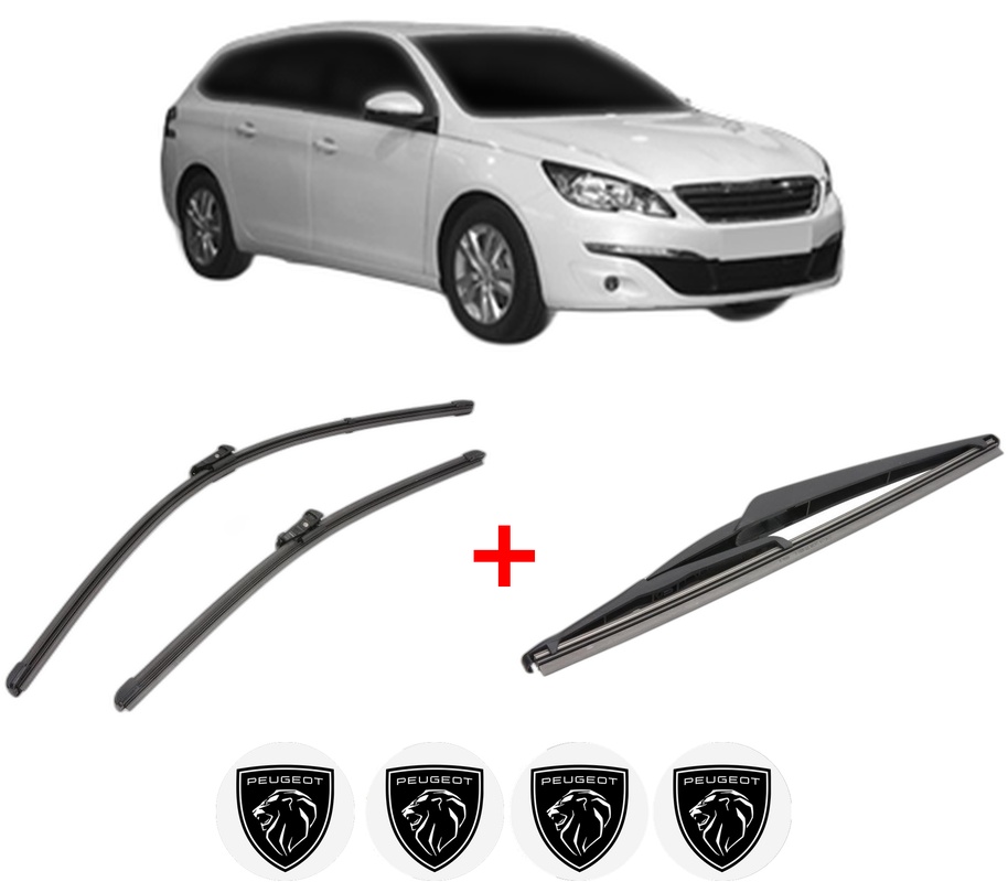 Set 3 stergatoare PEUGEOT 308 SW II Estate Van (LC_) din 2014 - 2021, pentru parbriz si luneta fata si spate auto, Valeo Silencio, din cauciuc siliconat rezistent, 4 Stickere Auto PEUGEOT