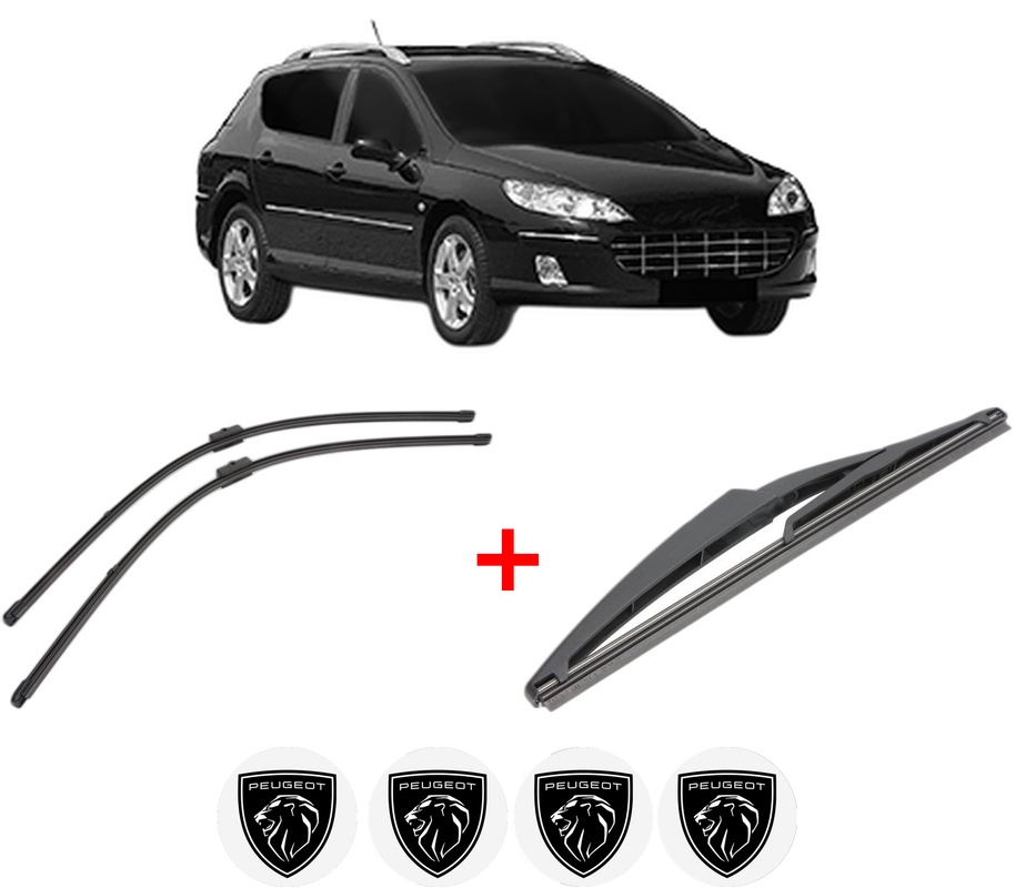 Set 3 stergatoare PEUGEOT 407 SW Estate Van (6E_) din 2009 - 2010, pentru parbriz si luneta fata si spate auto, Valeo Silencio, din cauciuc siliconat rezistent, 4 Stickere Auto PEUGEOT