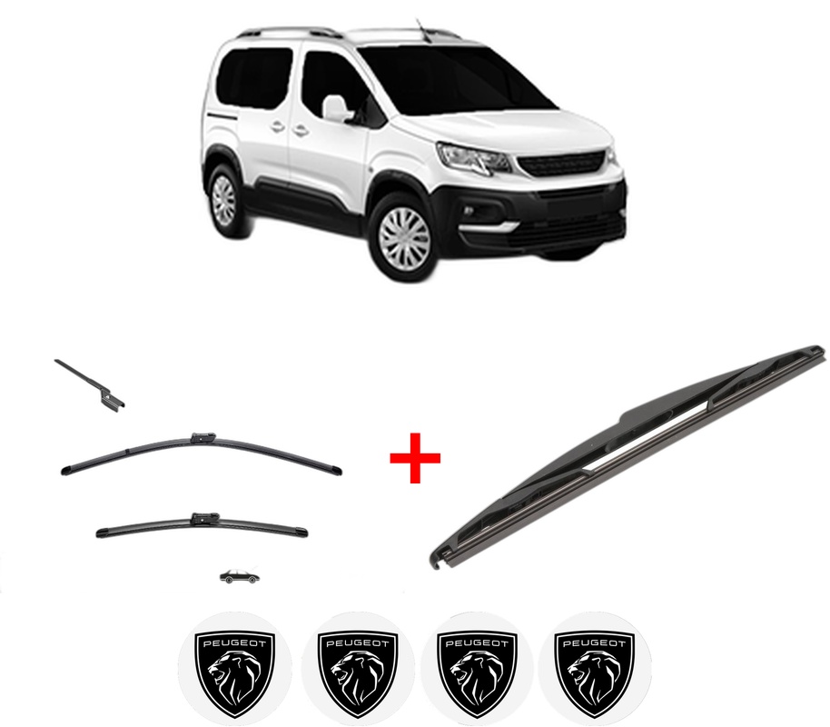 Set 3 stergatoare PEUGEOT RIFTER din 2018 - 2023, pentru parbriz si luneta fata si spate auto, Valeo Silencio, din cauciuc siliconat rezistent, 4 Stickere Auto PEUGEOT