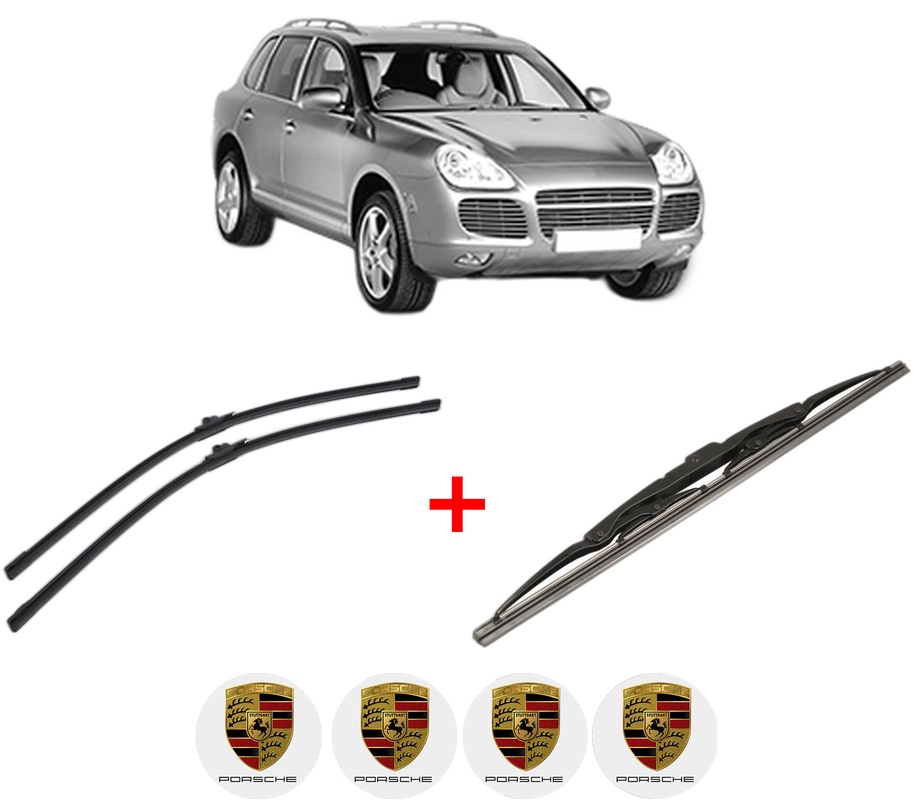 Set 3 stergatoare PORSCHE CAYENNE (9PA) din 2002 - 2010, pentru parbriz si luneta fata si spate auto, Bosch Twin, din cauciuc siliconat rezistent, 4 Stickere Auto PORSCHE