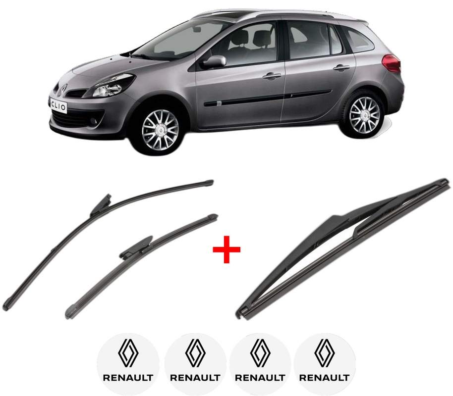 Set 3 stergatoare RENAULT CLIO III Grandtour (KR0/1_) din 2007 - 2014, pentru parbriz si luneta fata si spate auto, Valeo Silencio, din cauciuc siliconat rezistent, 4 Stickere Auto RENAULT