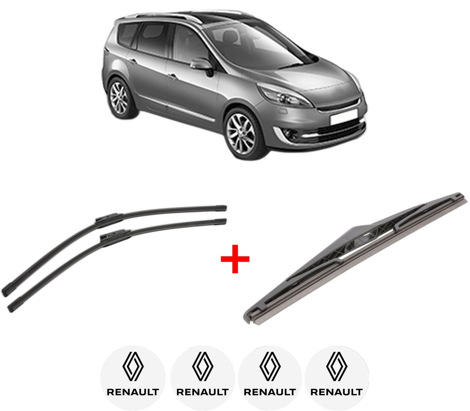 Set 3 stergatoare RENAULT GRAND SCENIC III (JZ0/1_) din 2009 - 2016, pentru parbriz si luneta fata si spate auto, Bosch Twin, din cauciuc siliconat rezistent, 4 Stickere Auto RENAULT