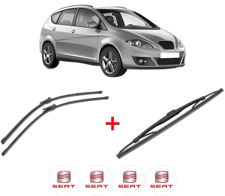 Set 3 stergatoare SEAT ALTEA XL (5P5, 5P8) din 2006 - 2015, pentru parbriz si luneta fata si spate auto, Valeo Silencio, din cauciuc siliconat rezistent, 4 Stickere Auto SEAT