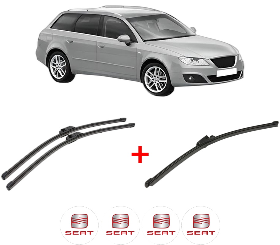 Set 3 stergatoare SEAT EXEO ST (3R5) din 2009 - 2013, pentru parbriz si luneta fata si spate auto, Valeo Silencio Xtrm, din cauciuc siliconat rezistent, 4 Stickere Auto SEAT