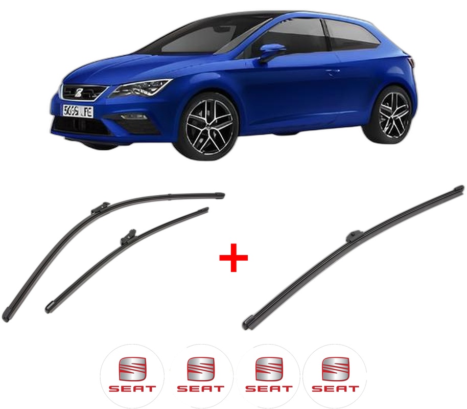 Set 3 stergatoare SEAT LEON (KL1, KLG) din 2019, pentru parbriz si luneta fata si spate auto, Valeo Silencio Xtrm, din cauciuc siliconat rezistent, 4 Stickere Auto SEAT