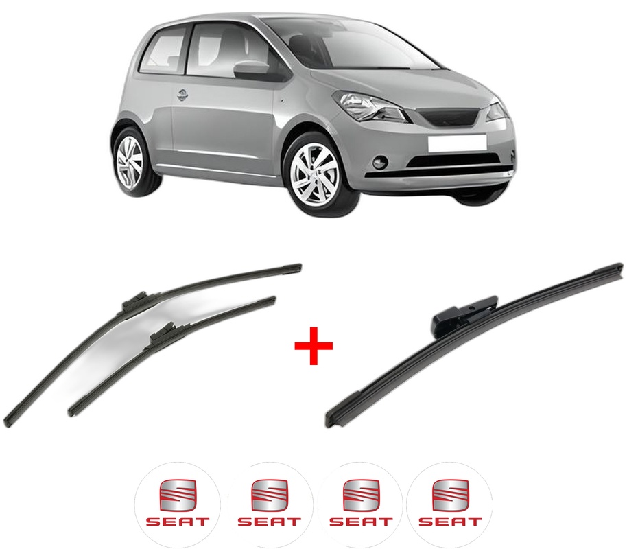 Set 3 stergatoare SEAT Mii (KF1, KE1) din 2011 - 2019, pentru parbriz si luneta fata si spate auto, Bosch Aerotwin, din cauciuc siliconat rezistent, 4 Stickere Auto SEAT