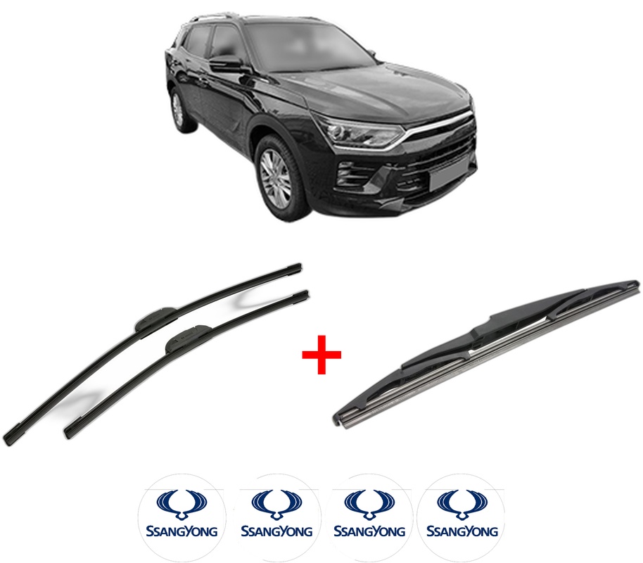 Set 3 stergatoare SSANGYONG KORANDO (C300) din 2021, pentru parbriz si luneta fata si spate auto, Bosch Twin, din cauciuc siliconat rezistent, 4 Stickere Auto SSANGYONG