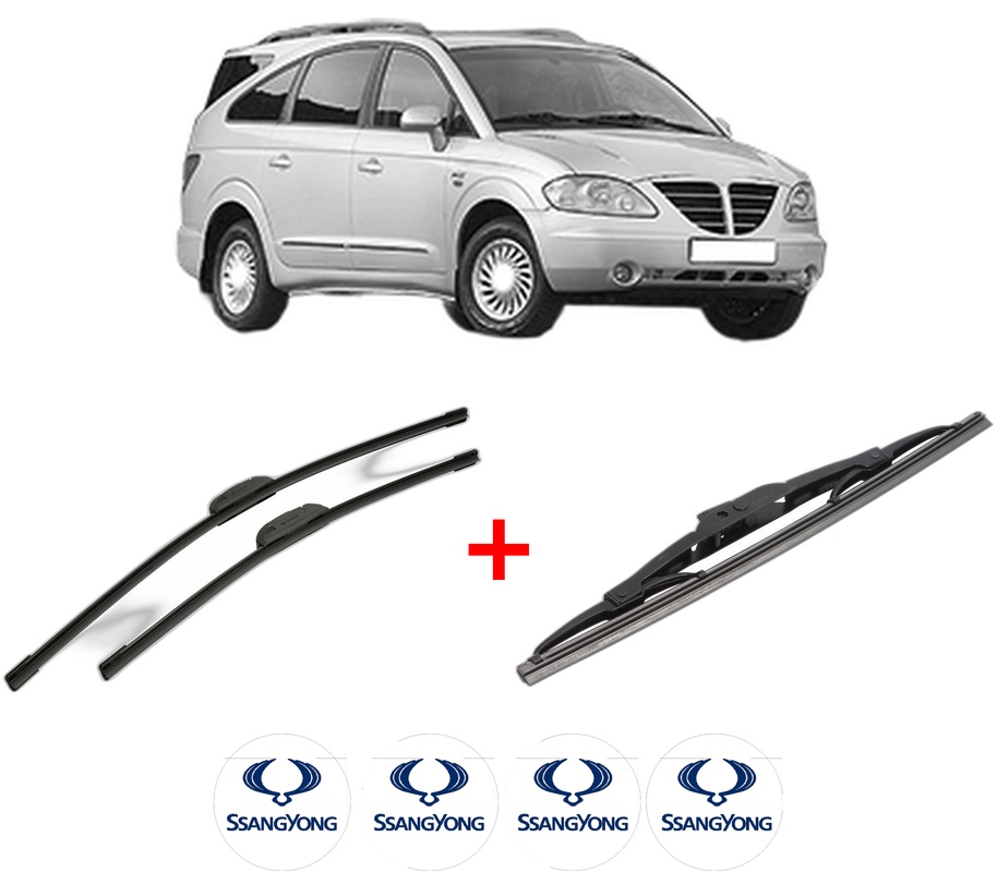 Set 3 stergatoare SSANGYONG RODIUS I din 2005, pentru parbriz si luneta fata si spate auto, Bosch Twin, din cauciuc siliconat rezistent, 4 Stickere Auto SSANGYONG