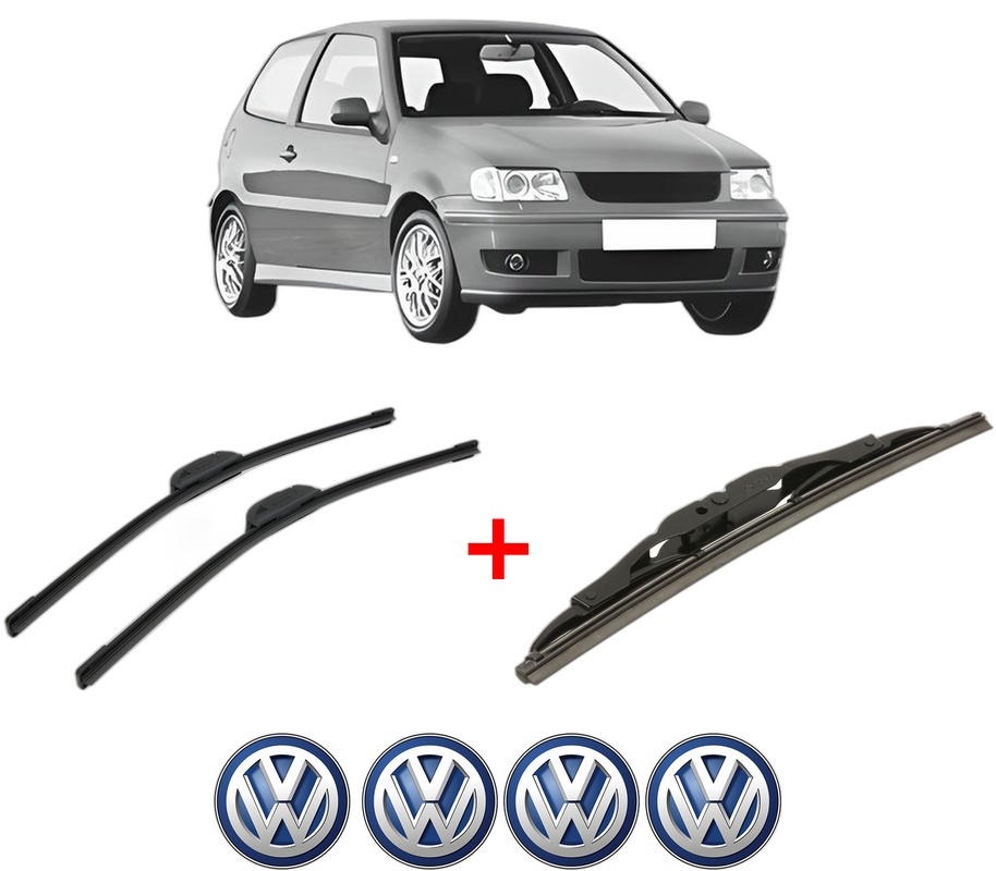 Set 3 stergatoare Volkswagen POLO (6N2) din 1999 - 2001, pentru parbriz si luneta fata si spate auto, Bosch Twin, din cauciuc siliconat rezistent, 4 Stickere Auto VW