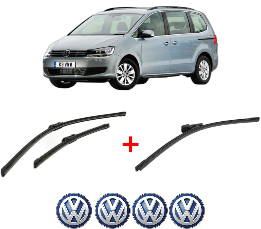 Set 3 stergatoare Volkswagen SHARAN VAN (7N1, 7N2) din 2010 - 2015, pentru parbriz si luneta fata si spate auto, Bosch Aerotwin, din cauciuc siliconat rezistent, 4 Stickere Auto VW