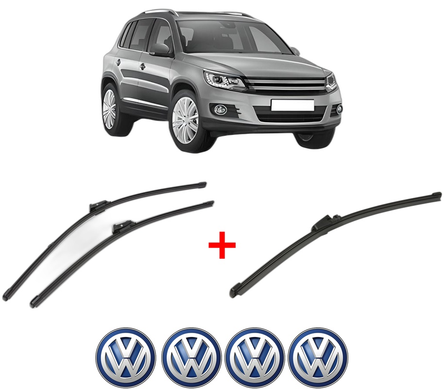 Set 3 stergatoare Volkswagen TIGUAN (5N_) din 2007 - 2018, pentru parbriz si luneta fata si spate auto, Valeo Silencio Xtrm, din cauciuc siliconat rezistent, 4 Stickere Auto VW