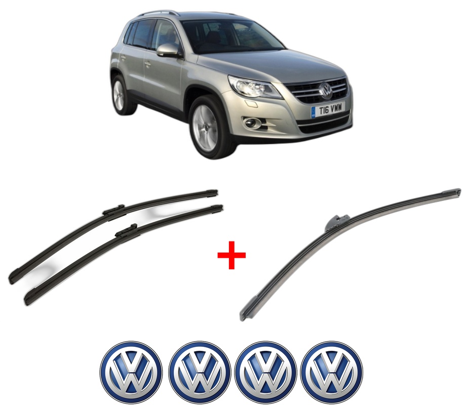 Set 3 stergatoare Volkswagen TIGUAN VAN (5N_) din 2007 - 2018, pentru parbriz si luneta fata si spate auto, Bosch Aerotwin, din cauciuc siliconat rezistent, 4 Stickere Auto VW