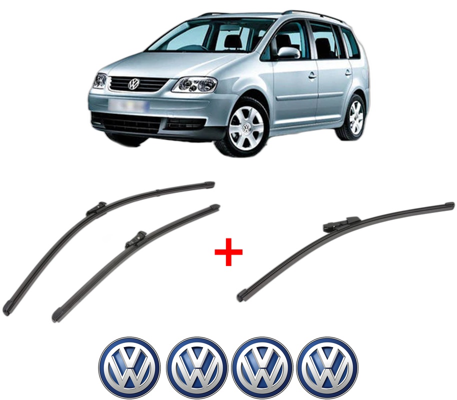 Set 3 stergatoare Volkswagen TOURAN (1T3) din 2010 - 2015, pentru parbriz si luneta fata si spate auto, Valeo Silencio Xtrm, din cauciuc siliconat rezistent, 4 Stickere Auto VW