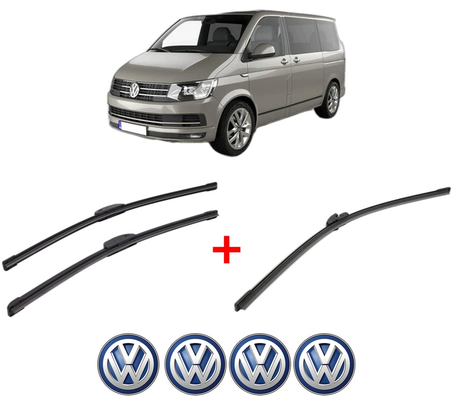 Set 3 stergatoare Volkswagen TRANSPORTER T5 Bus (7HB, 7HJ, 7EB, 7EJ) din 2003 - 2015, pentru parbriz si luneta fata si spate auto, Bosch Aerotwin, din cauciuc siliconat rezistent, 4 Stickere Auto VW