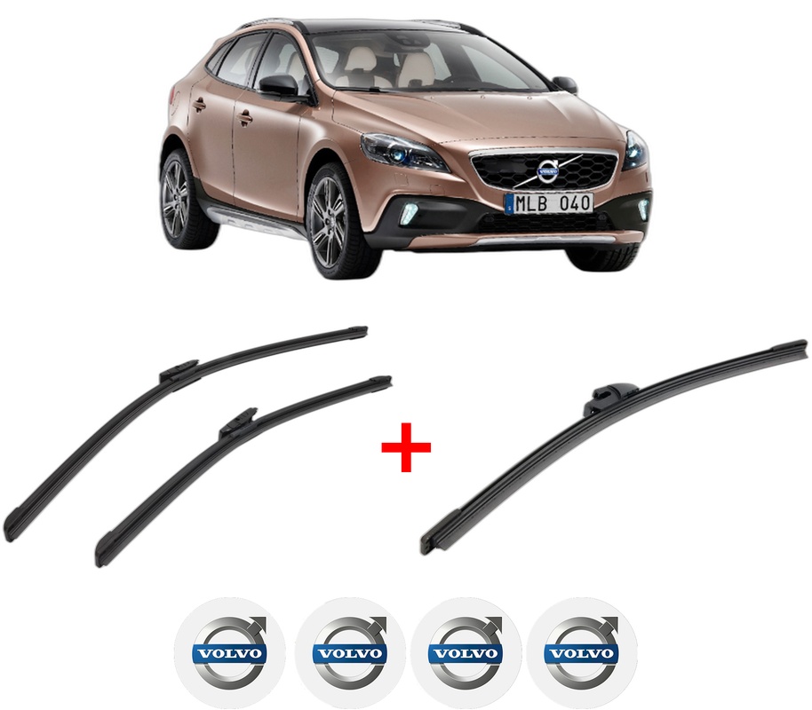Set 3 stergatoare VOLVO V40 Cross Country (526) din 2012 - 2019, pentru parbriz si luneta fata si spate auto, Bosch Aerotwin, din cauciuc siliconat rezistent, 4 Stickere Auto VOLVO