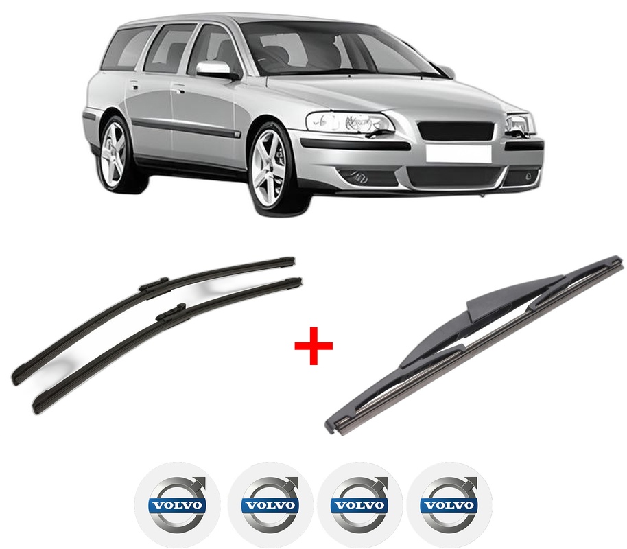 Set 3 stergatoare VOLVO V70 II (285) din 1999 - 2008, pentru parbriz si luneta fata si spate auto, Bosch Twin, din cauciuc siliconat rezistent, 4 Stickere Auto VOLVO