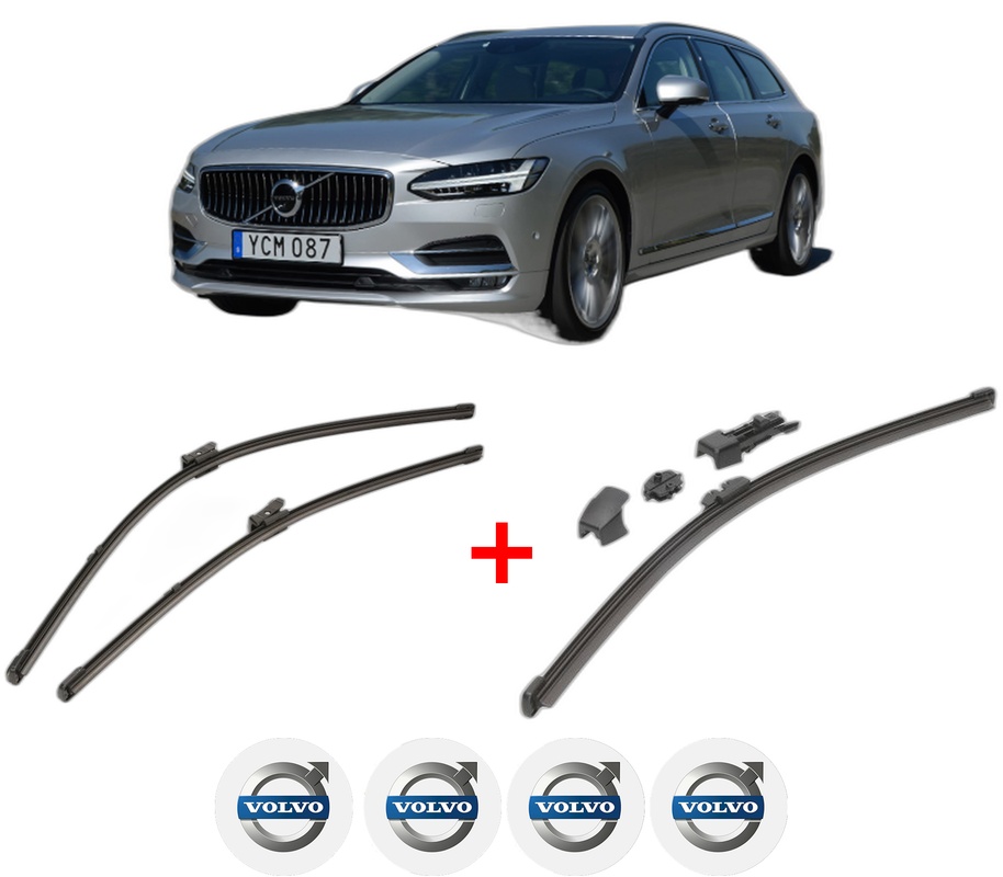 Set 3 stergatoare VOLVO V90 II Estate (235) din 2016 - 2022, pentru parbriz si luneta fata si spate auto, Valeo HydroConnect, din cauciuc siliconat rezistent, 4 Stickere Auto VOLVO