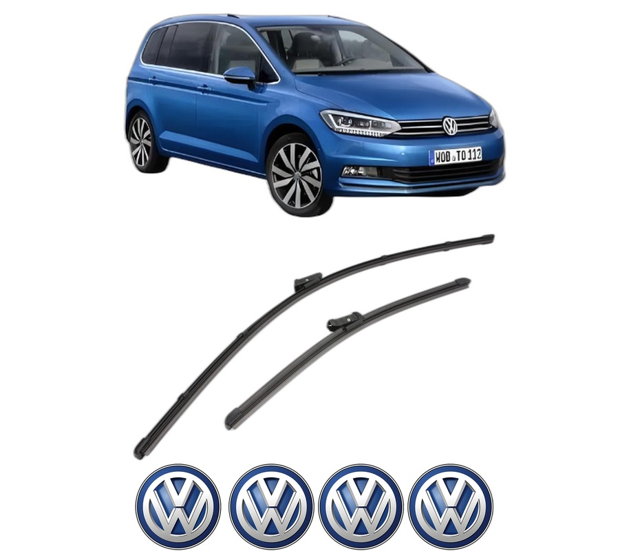 Set stergatoare auto Volkswagen TOURAN (5T1) din 2015-2022, pentru parbriz auto, 2 bucati, Valeo Silencio, din cauciuc siliconat rezistent, 4 Stickere Auto Volkswagen
