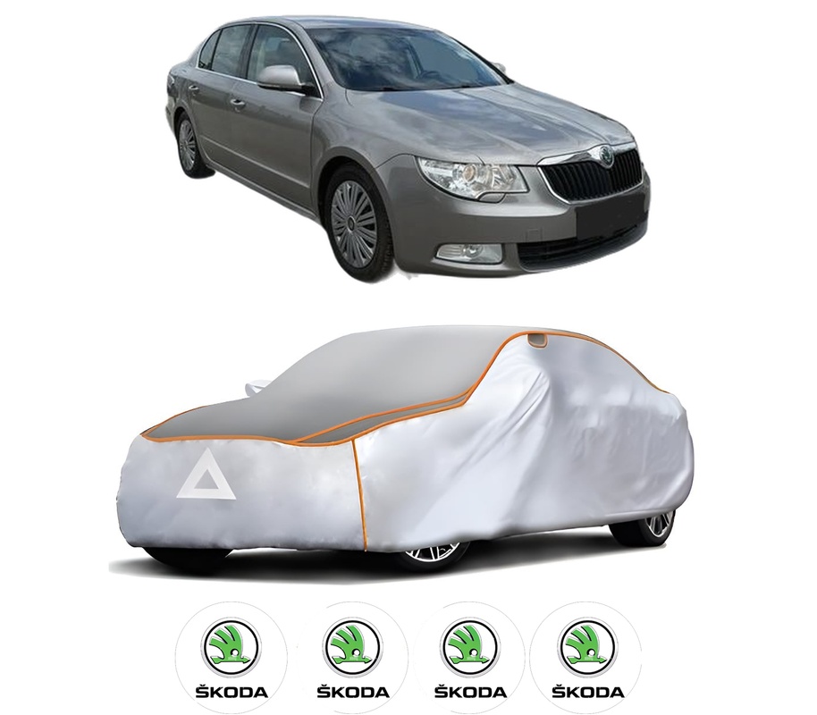 Husa Prelata Antigrindina Auto SKODA SUPERB II (3T4) din 2008-2015, Protectie auto contra intemperiilor la grindina, Waterproof, 4x Stickere auto SKODA