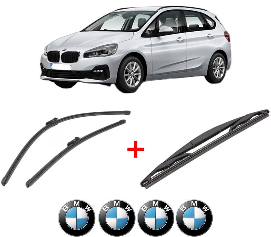 Set 3 stergatoare BMW Seria 2 Active Tourer (F45) din 2013 - 2021, pentru parbriz si luneta fata si spate auto, Valeo Silencio, din cauciuc siliconat rezistent, 4 Stickere Auto BMW