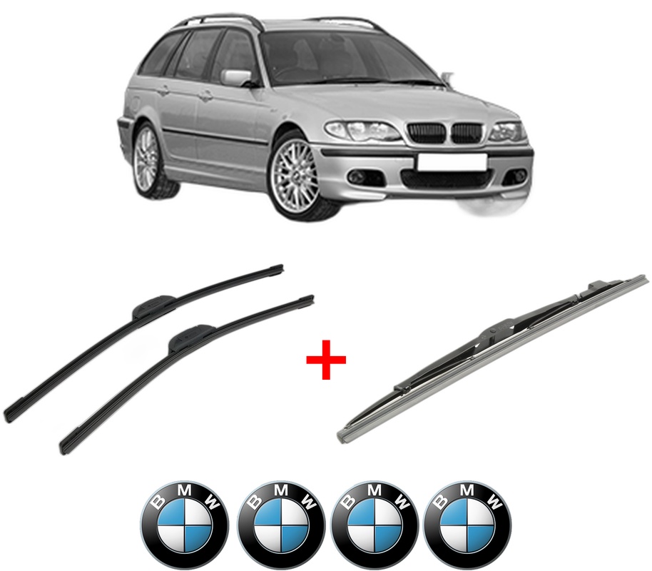 Set 3 stergatoare BMW Seria 3 Touring (E46) din 1999 - 2005, pentru parbriz si luneta fata si spate auto, Bosch Twin, din cauciuc siliconat rezistent, 4 Stickere Auto BMW