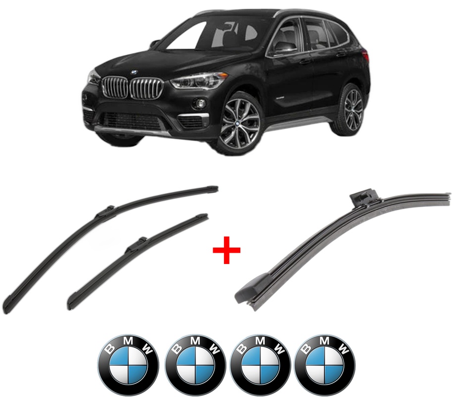Set 3 stergatoare BMW Seria X1 (F48) din 2014 - 2022, pentru parbriz si luneta fata si spate auto, Bosch Aerotwin, din cauciuc siliconat rezistent, 4 Stickere Auto BMW