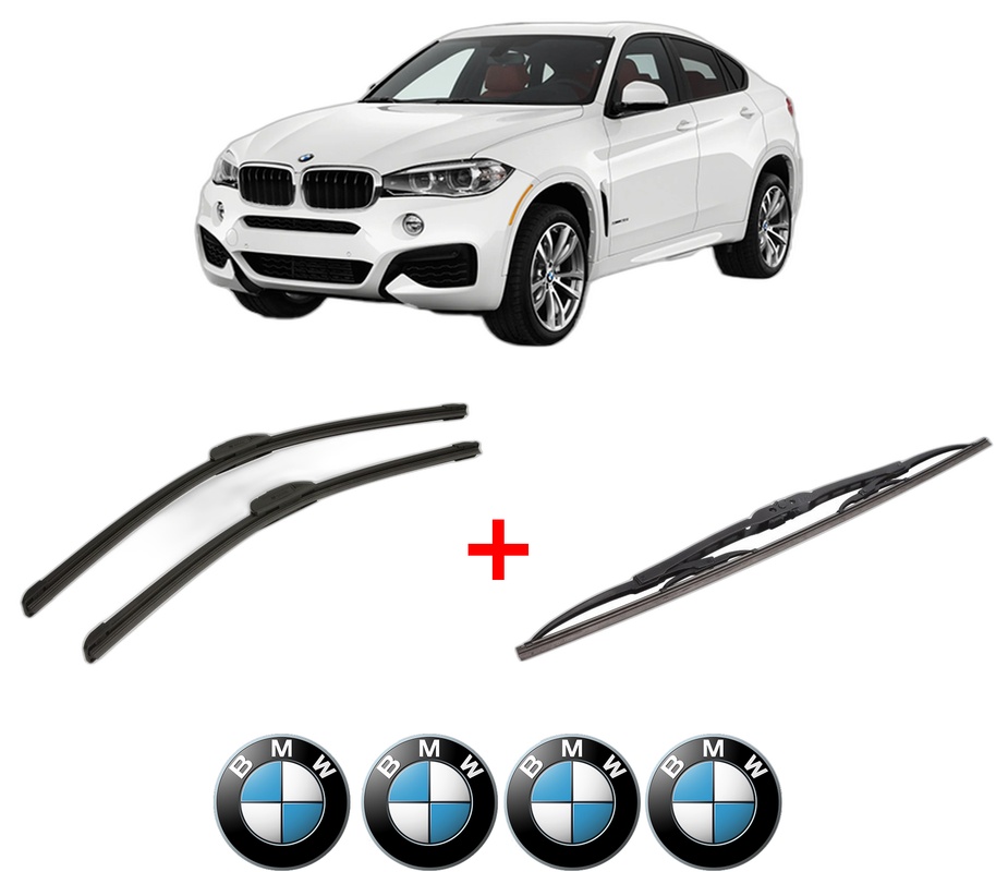 Set 3 stergatoare BMW Seria X6 (F16, F86) din 2014 - 2019, pentru parbriz si luneta fata si spate auto, Bosch Twin, din cauciuc siliconat rezistent, 4 Stickere Auto BMW