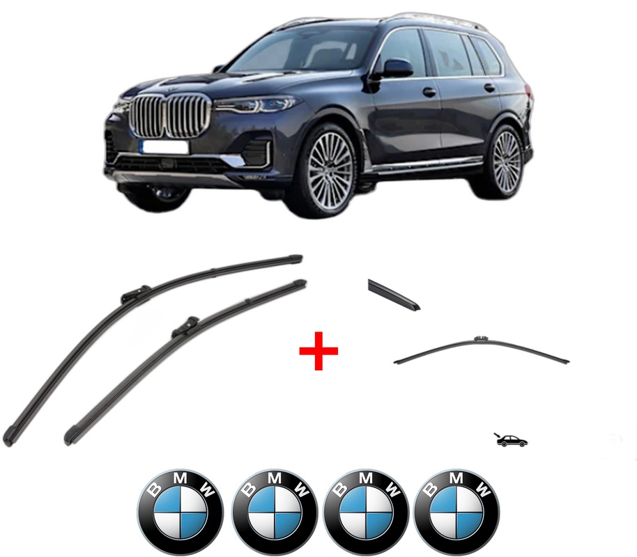 Set 3 stergatoare BMW Seria X7 (G07) din 2019 - 2020, pentru parbriz si luneta fata si spate auto, Valeo Silencio, din cauciuc siliconat rezistent, 4 Stickere Auto BMW