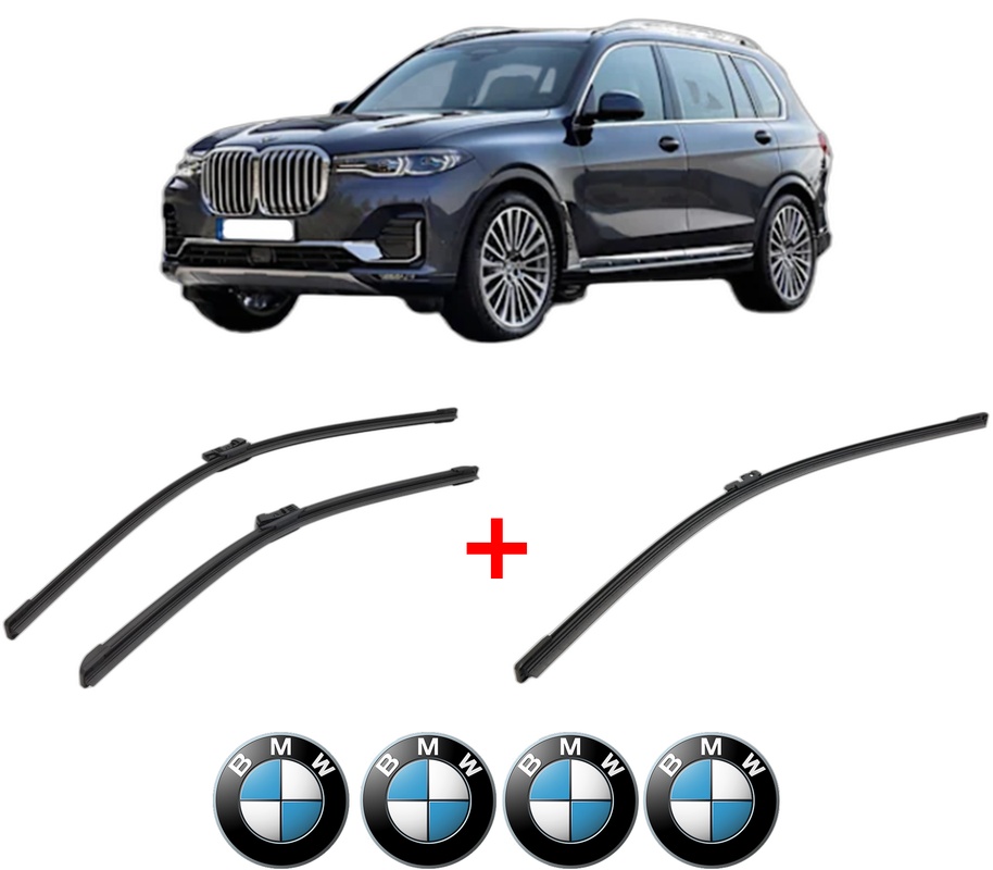 Set 3 stergatoare BMW Seria X7 (G07) din 2019 - 2020, pentru parbriz si luneta fata si spate auto, Bosch Aerotwin, din cauciuc siliconat rezistent, 4 Stickere Auto BMW