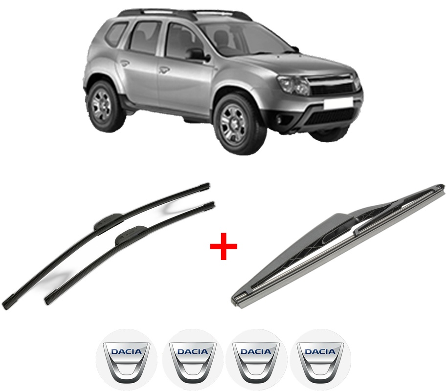 Set 3 stergatoare DACIA DUSTER (HS_) din 2010 - 2018, pentru parbriz si luneta fata si spate auto, Bosch Twin, din cauciuc siliconat rezistent, 4 Stickere Auto DACIA