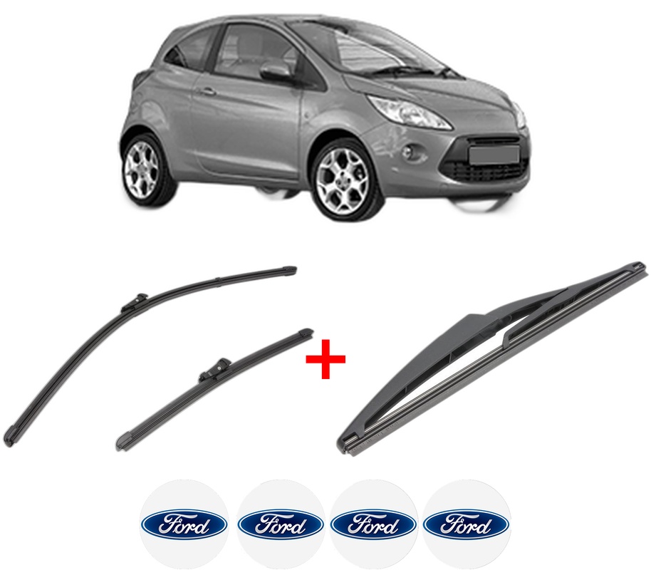 Set 3 stergatoare FORD KA (RU8) din 2008 - 2016, pentru parbriz si luneta fata si spate auto, Valeo Silencio, din cauciuc siliconat rezistent, 4 Stickere Auto FORD
