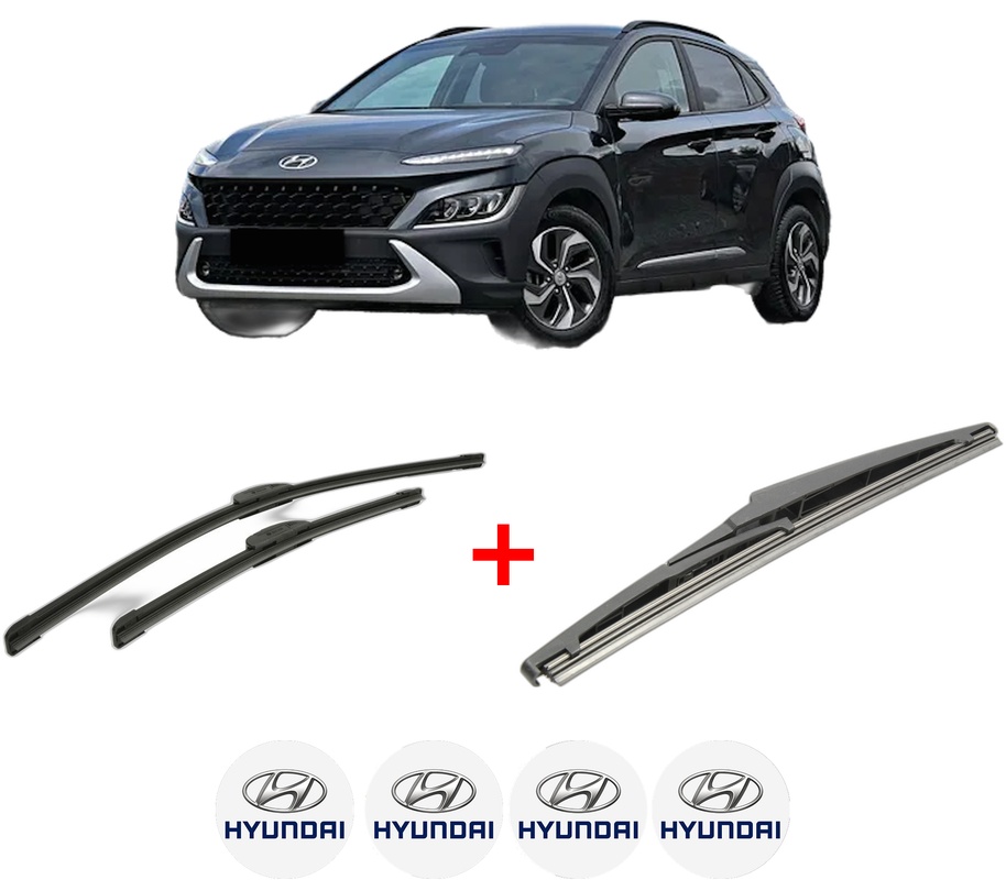Set 3 stergatoare HYUNDAI KONA SUV Van (OS, OSE, OSI) din 2017, pentru parbriz si luneta fata si spate auto, Bosch Twin, din cauciuc siliconat rezistent, 4 Stickere Auto HYUNDAI