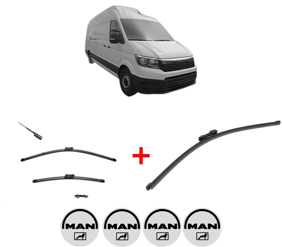 Set 3 stergatoare MAN TGE Van din 2017 - 2024, pentru parbriz si luneta fata si spate auto, Valeo Silencio Xtrm, din cauciuc siliconat rezistent, 4 Stickere Auto MAN