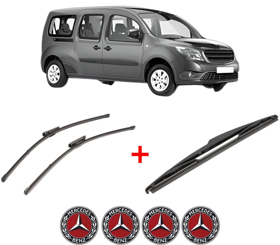 Set 3 stergatoare MERCEDES-BENZ CITAN MPV (W415) din 2012 - 2021, pentru parbriz si luneta fata si spate auto, Valeo Silencio, din cauciuc siliconat rezistent, 4 Stickere Auto MERCEDES-BENZ