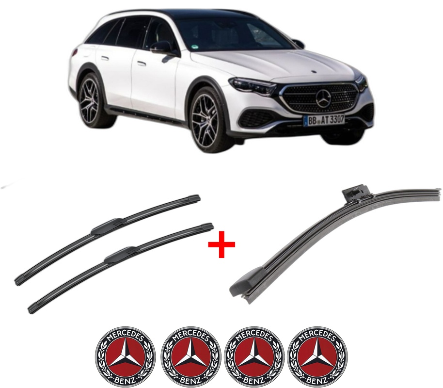 Set 3 stergatoare MERCEDES-BENZ E-CLASS All-Terrain (S214) din 2023, pentru parbriz si luneta fata si spate auto, Bosch Aerotwin, din cauciuc siliconat rezistent, 4 Stickere Auto MERCEDES-BENZ