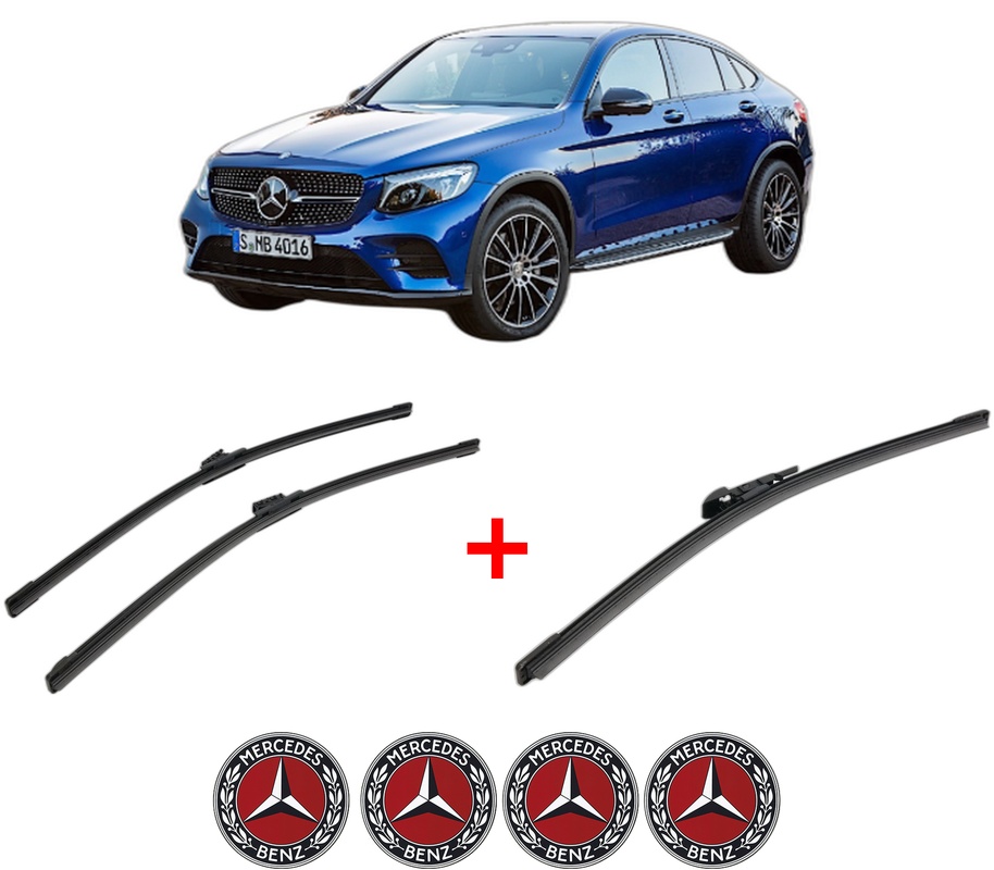 Set 3 stergatoare MERCEDES-BENZ GLC Coupe (C253) din 2016 - 2023, pentru parbriz si luneta fata si spate auto, Bosch Aerotwin, din cauciuc siliconat rezistent, 4 Stickere Auto MERCEDES-BENZ