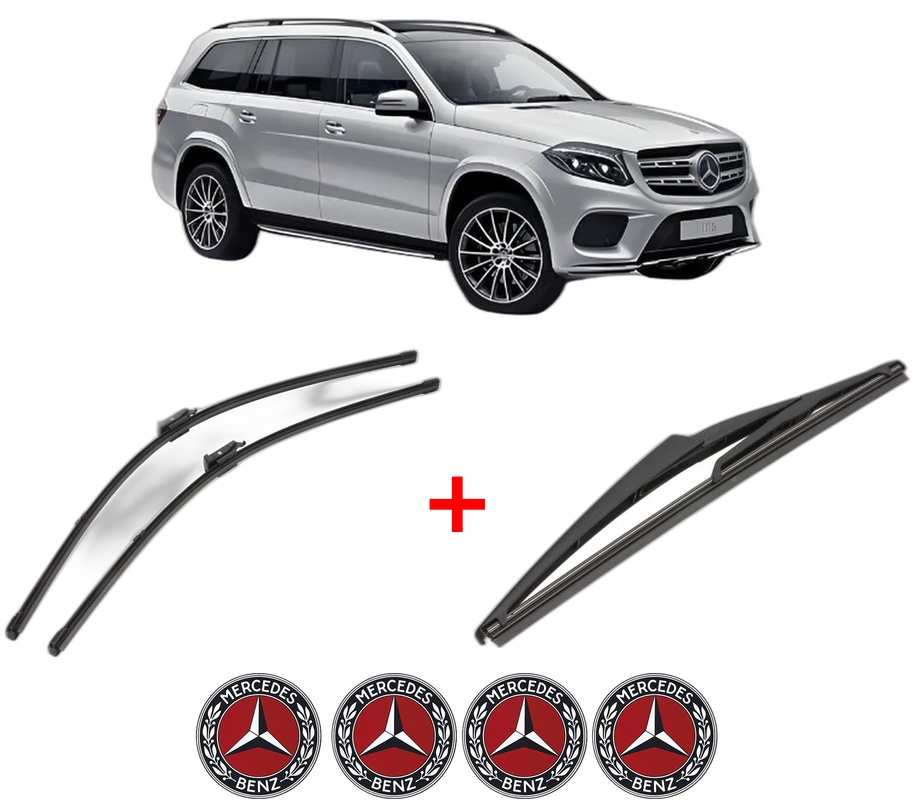 Set 3 stergatoare MERCEDES-BENZ GLS (X166) din 2015 - 2019, pentru parbriz si luneta fata si spate auto, Valeo Silencio, din cauciuc siliconat rezistent, 4 Stickere Auto MERCEDES-BENZ