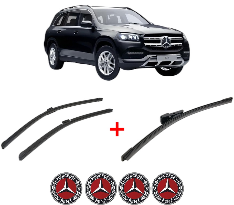 Set 3 stergatoare MERCEDES-BENZ GLS (X167) din 2019, pentru parbriz si luneta fata si spate auto, Bosch Aerotwin, din cauciuc siliconat rezistent, 4 Stickere Auto MERCEDES-BENZ