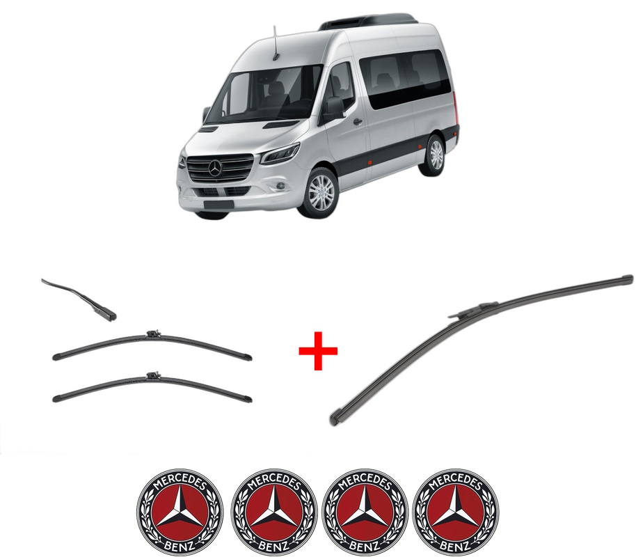 Set 3 stergatoare MERCEDES-BENZ SPRINTER 4-t Tourer Bus (B907) din 2018 - 2021, pentru parbriz si luneta fata si spate auto, Valeo Silencio Xtrm, din cauciuc siliconat rezistent, 4 Stickere Auto MERCEDES-BENZ