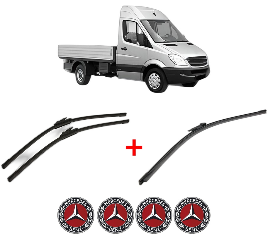 Set 3 stergatoare MERCEDES-BENZ SPRINTER 5-t Platform/Chassis (B906) din 2006 - 2018, pentru parbriz si luneta fata si spate auto, Bosch Aerotwin, din cauciuc siliconat rezistent, 4 Stickere Auto MERCEDES-BENZ