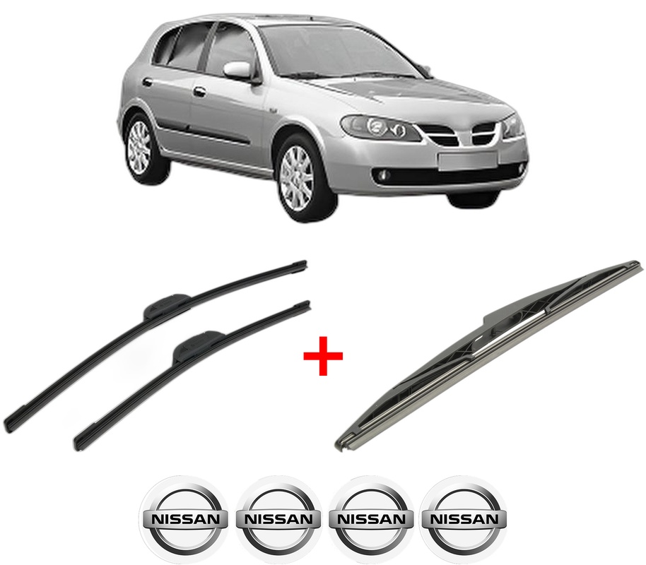 Set 3 stergatoare NISSAN ALMERA II Hatchback (N16) din 2000 - 2006, pentru parbriz si luneta fata si spate auto, Bosch Twin, din cauciuc siliconat rezistent, 4 Stickere Auto NISSAN