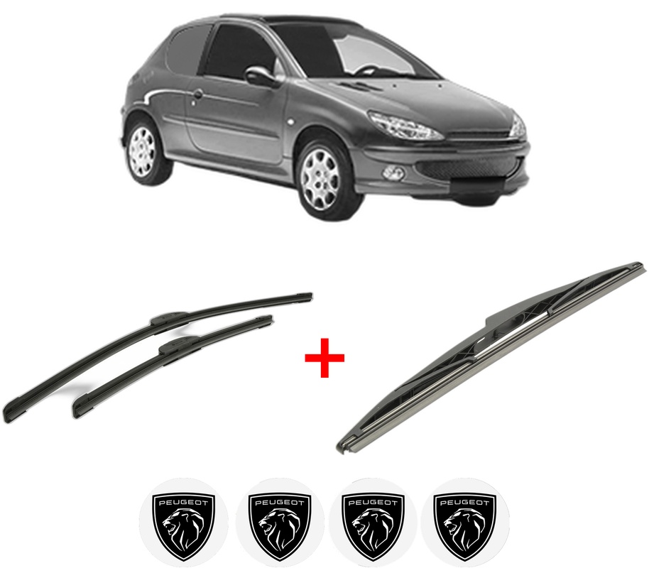 Set 3 stergatoare PEUGEOT 206 Van din 2001 - 2009, pentru parbriz si luneta fata si spate auto, Bosch Twin, din cauciuc siliconat rezistent, 4 Stickere Auto PEUGEOT
